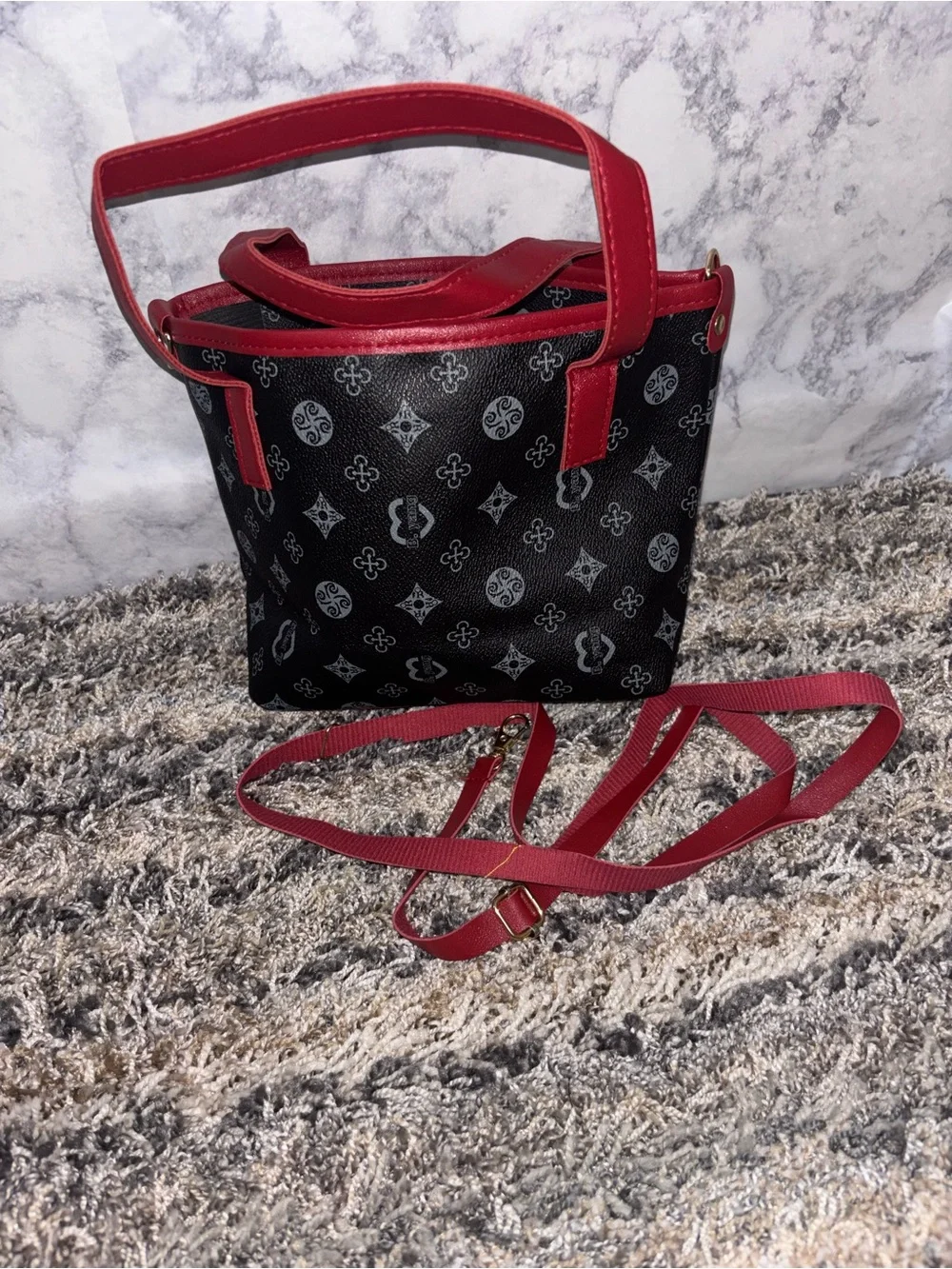 Black Patterned Crossbody Tote with Red Trim